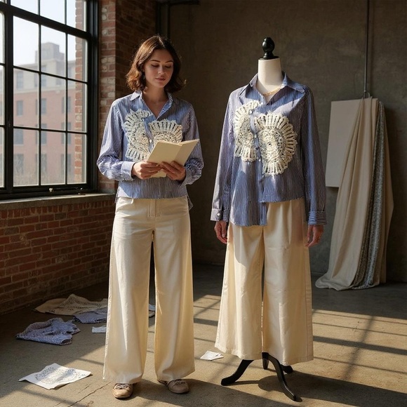 Blue Striped Women's Top with White Crochet Detail - Picture 3 of 4